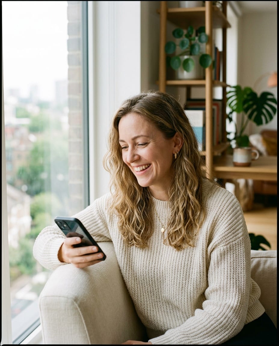 Frau lacht beim Blick auf ihr Handy